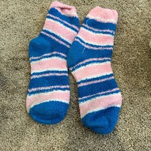 Women’s Blue Pink & White Fuzzy Socks | One Size | Cozy Plush Lounge Socks